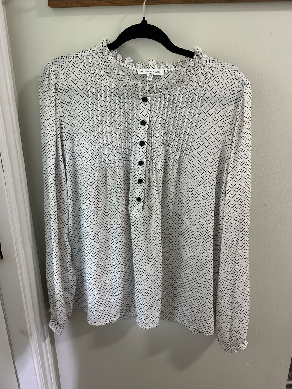 Maison d’Amélie Ruffled Blouse in White with Black Micro-Print